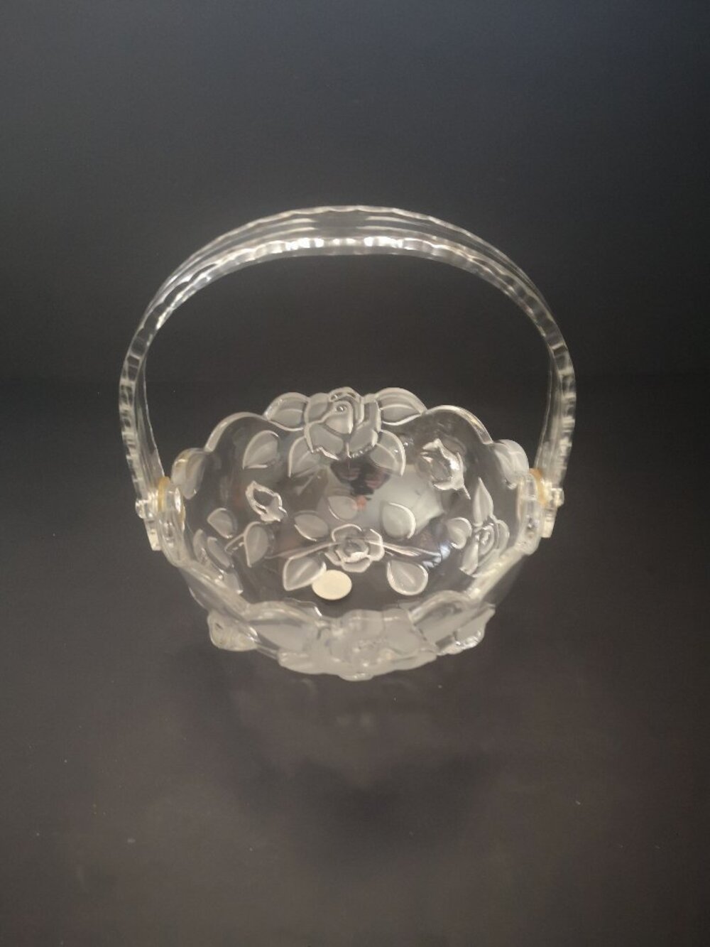 VTG Waltherglas Clear/Frosted Glass Floral Design Serving Bowl w/ Handle Germany